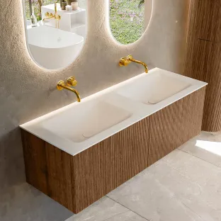 MONDIAZ Kurve 130cm bathroom furniture - colour Walnut - 1 drawer - CLOUD washbasin - washbasin in the middle - without tap hole - colour Talc