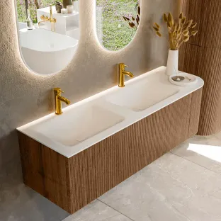 MONDIAZ Kurve 145cm bathroom furniture - colour Walnut - 1 drawer - CLOUD washbasin - centre washbasin - 2 tap holes - colour Talc