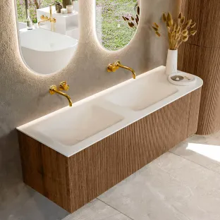 MONDIAZ Kurve 145cm bathroom furniture - colour Walnut - 1 drawer - CLOUD washbasin - washbasin in the middle - without tap hole - colour Talc