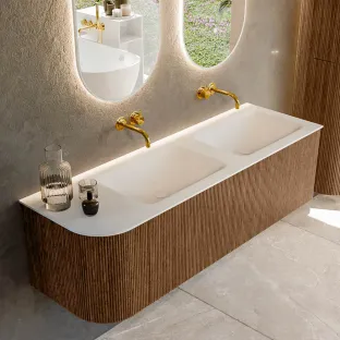 MONDIAZ Kurve 145cm bathroom furniture - colour Walnut - 2 drawers - CLOUD washbasin - washbasin Left - without tap hole - colour Talc