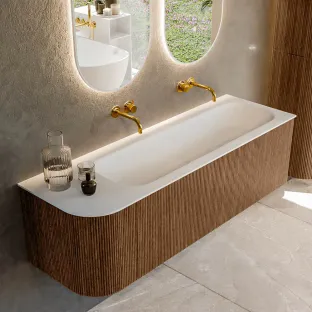 MONDIAZ Kurve 145cm bathroom furniture - colour Walnut - 3 drawers - BIG LARGE washbasin - washbasin Left - without tap hole - colour Talc