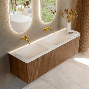 MONDIAZ Kurve 155cm bathroom furniture - colour Walnut - 1 drawer - CLOUD washbasin - washbasin Left - without tap hole - colour Talc