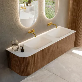 MONDIAZ Kurve 155cm bathroom furniture - colour Walnut - 2 drawers - CLOUD washbasin - washbasin Left - without tap hole - colour Talc