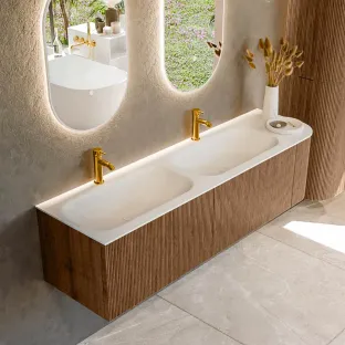 MONDIAZ Kurve 165cm bathroom furniture - colour Walnut - 1 drawer - BIG SMALL washbasin - washbasin Left - 2 tap holes - colour Talc