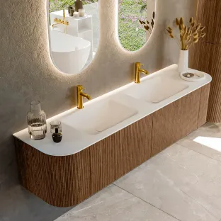 MONDIAZ Kurve 180cm bathroom furniture - colour Walnut - 1 drawer - CLOUD washbasin - washbasin Left and Right - 2 tap holes - colour Talc