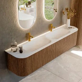 MONDIAZ Kurve 190cm bathroom furniture - colour Walnut - 1 drawer - BIG SMALL washbasin - washbasin Left and Right - 2 tap holes - colour Talc