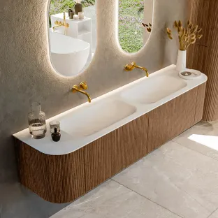 MONDIAZ Kurve 190cm bathroom furniture - color Walnut - 1 drawer - BIG SMALL washbasin - washbasin Left and Right - without tap hole - color Talc