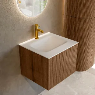 MONDIAZ Kurve 50cm bathroom furniture - colour Walnut - 1 drawer - GRUNNE washbasin - washbasin in the middle - 1 tap hole - colour Talc
