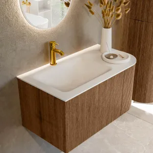 MONDIAZ Kurve 85cm bathroom furniture - colour Walnut - 1 drawer - CLOUD washbasin - centre washbasin - 1 tap hole - colour Talc