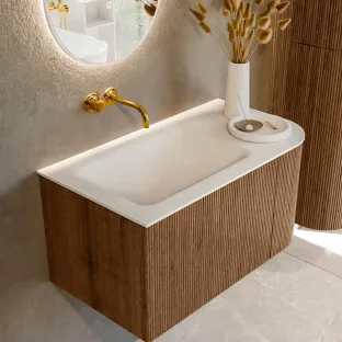 MONDIAZ Kurve 85cm bathroom furniture - colour Walnut - 1 drawer - CLOUD washbasin - washbasin in the middle - without tap hole - colour Talc