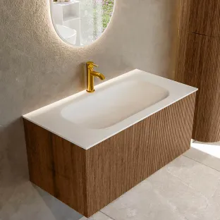 MONDIAZ Kurve 90cm bathroom furniture - colour Walnut - 1 drawer - BIG SMALL washbasin - washbasin in the middle - 1 tap hole - colour Talc