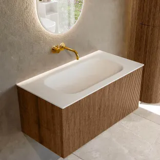 MONDIAZ Kurve 90cm bathroom furniture - colour Walnut - 1 drawer - BIG SMALL washbasin - washbasin in the middle - without tap hole - colour Talc