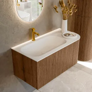 MONDIAZ Kurve 95cm bathroom furniture - colour Walnut - 1 drawer - BIG SMALL washbasin - washbasin in the middle - 1 tap hole - colour Talc