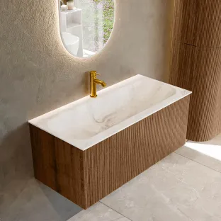 MONDIAZ Kurve-dlux 100cm bathroom furniture - colour Walnut - 1 drawer - BIG MEDIUM washbasin - washbasin in the middle - 1 tap hole - colour Frappe