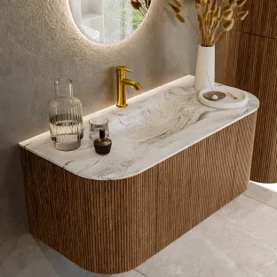 MONDIAZ Kurve-dlux 100cm bathroom furniture - color Walnut - 1 drawer - GRUNNE washbasin - sink Left and Right - 1 tap hole - color Glace