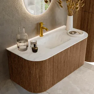 MONDIAZ Kurve-dlux 100cm bathroom furniture - color Walnut - 1 drawer - GRUNNE washbasin - sink Left and Right - 1 tap hole - color Opalo