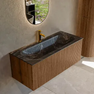 MONDIAZ Kurve-dlux 110cm bathroom furniture - colour Walnut - 1 drawer - BIG MEDIUM washbasin - washbasin in the middle - 1 tap hole - colour Lava
