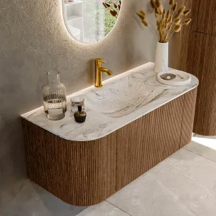 MONDIAZ Kurve-dlux 110cm bathroom furniture - colour Walnut - 1 drawer - CLOUD washbasin - washbasin Left and Right - 1 tap hole - colour Glace