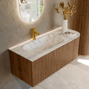 MONDIAZ Kurve-dlux 115cm bathroom furniture - colour Walnut - 1 drawer - BIG SMALL washbasin - washbasin in the middle - 1 tap hole - colour Glace