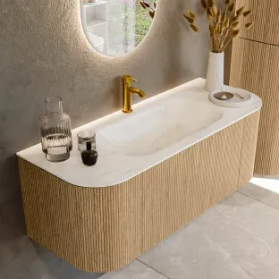MONDIAZ Kurve-dlux 120cm bathroom furniture - color Oak - 1 drawer - BIG SMALL washbasin - washbasin Left and Right - 1 tap hole - color Ostra