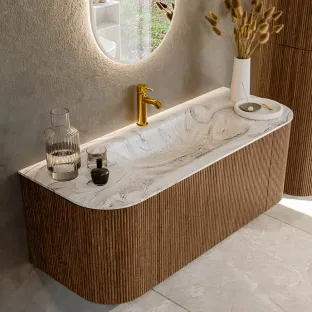 MONDIAZ Kurve-dlux 120cm bathroom furniture - colour Walnut - 1 drawer - BIG SMALL washbasin - washbasin Left and Right - 1 tap hole - colour Glace