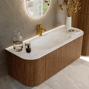 MONDIAZ Kurve-dlux 120cm bathroom furniture - colour Walnut - 1 drawer - BIG SMALL washbasin - washbasin Left and Right - 1 tap hole - colour Opalo