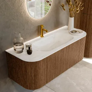 MONDIAZ Kurve-dlux 120cm bathroom furniture - color Walnut - 1 drawer - BIG SMALL washbasin - washbasin Left and Right - 1 tap hole - color Ostra