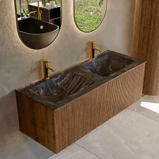 MONDIAZ Kurve-dlux 120cm bathroom furniture - colour Walnut - 1 drawer - LEAF washbasin - washbasin in the middle - 2 tap holes - colour Lava