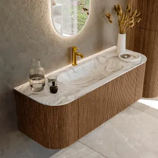 MONDIAZ Kurve-dlux 130cm bathroom furniture - colour Walnut - 1 drawer - BIG SMALL washbasin - washbasin Left and Right - 1 tap hole - colour Glace