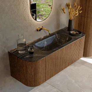 MONDIAZ Kurve-dlux 130cm bathroom furniture - color Walnut - 1 drawer - BIG SMALL washbasin - washbasin Left and Right - without tap hole - color Lava