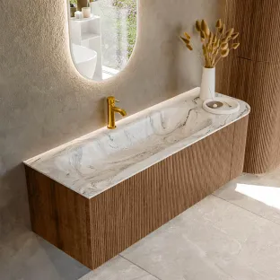 MONDIAZ Kurve-dlux 135cm bathroom furniture - colour Walnut - 1 drawer - BIG MEDIUM washbasin - centre washbasin - 1 tap hole - colour Glace