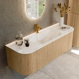 MONDIAZ Kurve-dlux 140cm bathroom furniture - colour Oak - 1 drawer - BIG SMALL washbasin - washbasin Left and Right - 1 tap hole - colour Frappe