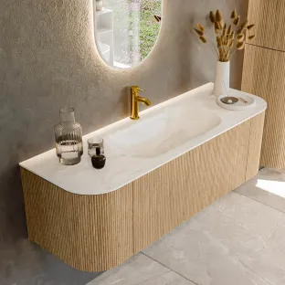 MONDIAZ Kurve-dlux 140cm bathroom furniture - color Oak - 1 drawer - BIG SMALL washbasin - washbasin Left and Right - 1 tap hole - color Ostra