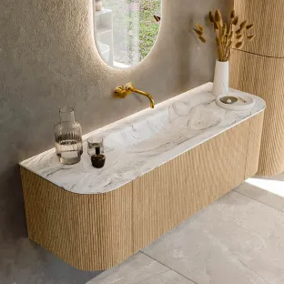 MONDIAZ Kurve-dlux 140cm bathroom furniture - colour Oak - 1 drawer - BIG SMALL washbasin - washbasin Left and Right - without tap hole - colour Glace
