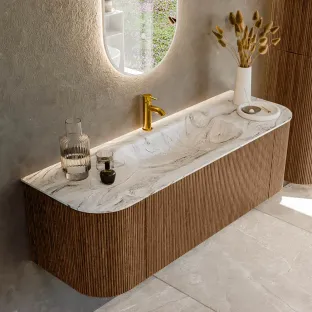 MONDIAZ Kurve-dlux 140cm bathroom furniture - colour Walnut - 1 drawer - BIG SMALL washbasin - washbasin Left and Right - 1 tap hole - colour Glace