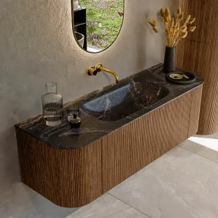 MONDIAZ Kurve-dlux 140cm bathroom furniture - color Walnut - 1 drawer - BIG SMALL washbasin - washbasin Left and Right - without tap hole - color Lava