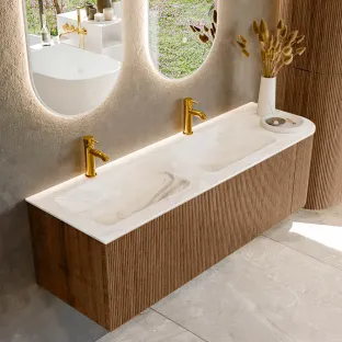 MONDIAZ Kurve-dlux 145cm bathroom furniture - colour Walnut - 1 drawer - LEAF washbasin - washbasin in the middle - 2 tap holes - colour Frappe