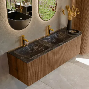 MONDIAZ Kurve-dlux 145cm bathroom furniture - colour Walnut - 1 drawer - LEAF washbasin - washbasin in the middle - 2 tap holes - colour Lava