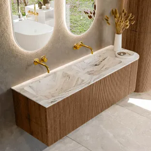 MONDIAZ Kurve-dlux 145cm bathroom furniture - colour Walnut - 1 drawer - LEAF washbasin - washbasin in the middle - without tap hole - colour Glace