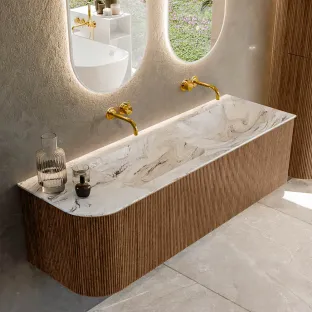 MONDIAZ Kurve-dlux 145cm bathroom furniture - colour Walnut - 2 drawers - LEAF washbasin - washbasin Left - without tap hole - colour Glace