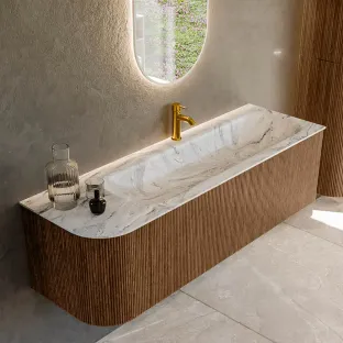 MONDIAZ Kurve-dlux 145cm bathroom furniture - colour Walnut - 3 drawers - BIG LARGE washbasin - washbasin Left - 1 tap hole - colour Glace