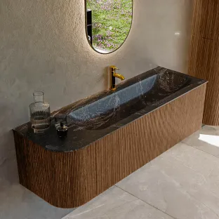 MONDIAZ Kurve-dlux 145cm bathroom furniture - color Walnut - 3 drawers - BIG LARGE washbasin - washbasin Left - 1 tap hole - color Lava