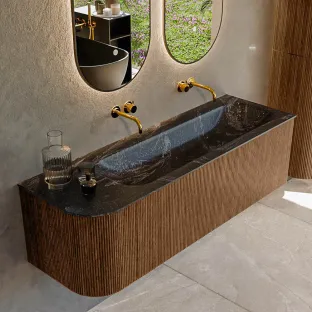 MONDIAZ Kurve-dlux 145cm bathroom furniture - colour Walnut - 3 drawers - BIG LARGE washbasin - washbasin Left - without tap hole - colour Lava