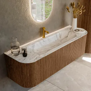 MONDIAZ Kurve-dlux 150cm bathroom furniture - color Walnut - 1 drawer - BIG MEDIUM washbasin - washbasin Left and Right - 1 tap hole - color Glace