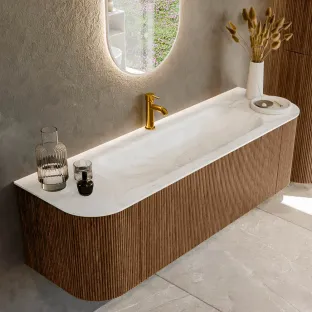 MONDIAZ Kurve-dlux 150cm bathroom furniture - color Walnut - 1 drawer - BIG MEDIUM washbasin - washbasin Left and Right - 1 tap hole - color Ostra