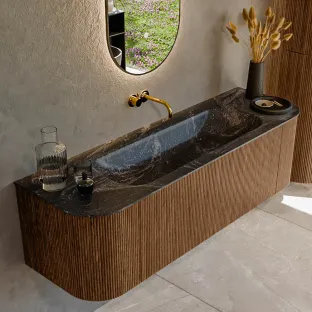 MONDIAZ Kurve-dlux 150cm bathroom furniture - color Walnut - 1 drawer - BIG MEDIUM washbasin - washbasin Left and Right - without tap hole - color Lava