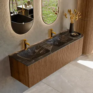 MONDIAZ Kurve-dlux 155cm bathroom furniture - colour Walnut - 1 drawer - LEAF washbasin - washbasin Left - 2 tap holes - colour Lava