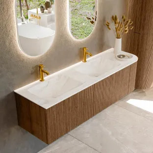 MONDIAZ Kurve-dlux 155cm bathroom furniture - colour Walnut - 1 drawer - LEAF washbasin - washbasin Left - 2 tap holes - colour Ostra