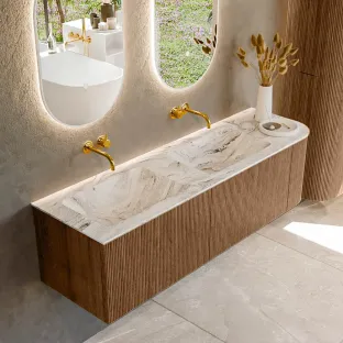 MONDIAZ Kurve-dlux 155cm bathroom furniture - colour Walnut - 1 drawer - LEAF washbasin - washbasin Left - without tap hole - colour Glace