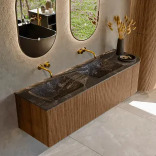 MONDIAZ Kurve-dlux 155cm bathroom furniture - colour Walnut - 1 drawer - LEAF washbasin - washbasin Left - without tap hole - colour Lava